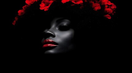 Serene Black woman with red flower crown, dark background.