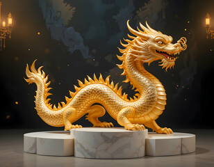 Obraz premium Majestic Golden Dragon Sculpture on Marble Pedestal