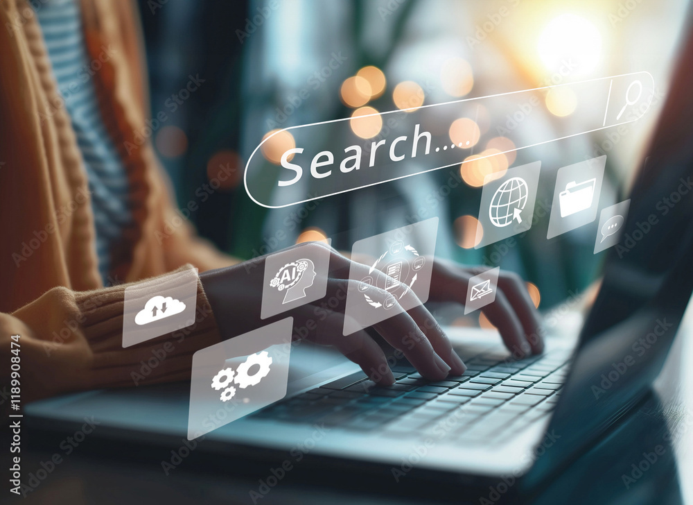 Poster Business person conducts search engine research, extracting valuable data for strategic decisions. Utilizing search engines for comprehensive research and SEO data analysis. EIDE