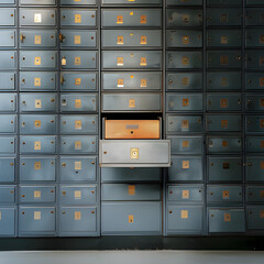 Mail storage compartment in a postal facility showcasing organizational structure and design elements. Generative AI