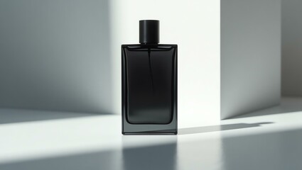 onyx black colored perfume for men in a transparent luxury bottle, designed with sharp, modern lines and a matte finish