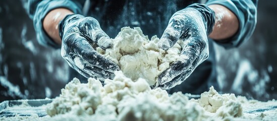 Gloved hands kneading dough, floury surface.