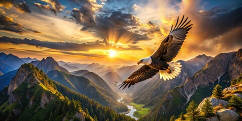 Obraz premium Majestic Bald Eagle Aerial Photography: Soaring Over Mountain Peaks