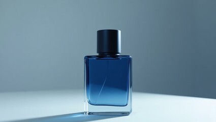navy blue perfume for men in a transparent luxury bottle, designed with sharp, modern lines and a matte finish