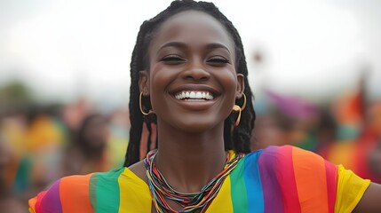 Happy woman smiling at pride parade.