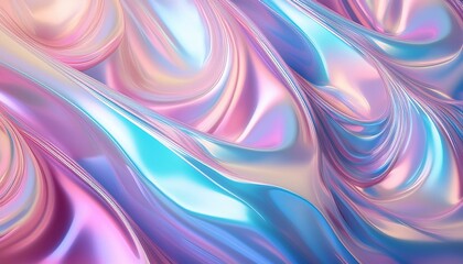 Obraz premium パステルカラーの虹色に輝く艶のある波打つホログラムの背景素材,AIで生成