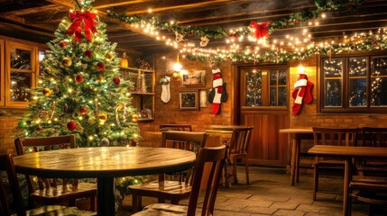 Cozy Christmas Pub Interior, Festive Decor, Warm Lighting, Holiday Cheer, Winter Season