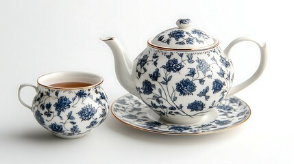Teapot and cup of tea on a white background, closeup