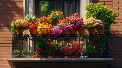 Colorful flowers on the balcony of the house on a sunny day