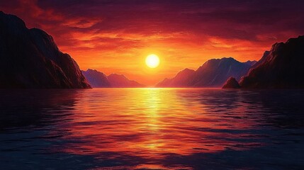 Tranquil Sunset Over a Calm Sea with Vibrant Orange and Purple Hues and Reflective Water