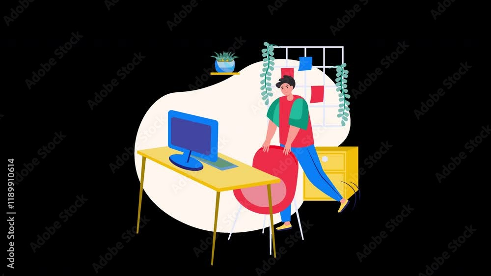 Aufkleber a european person setting up a workspace with a computer and chair in a modern flat design.