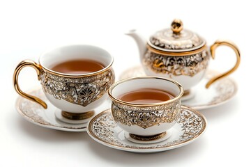 Porcelain teapot and two cups on white background