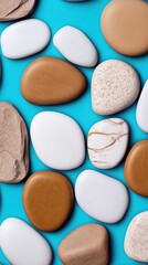 Fototapeta premium A high-quality close-up photograph of smooth and rounded stones in various shades, placed together in a decorative pattern on a blue background
