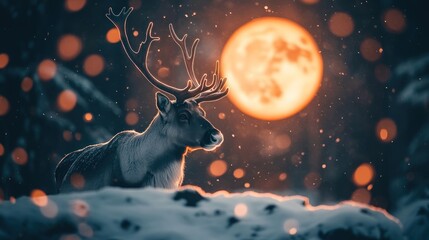 Fototapeta premium Reindeer in snowy landscape with large orange moon.