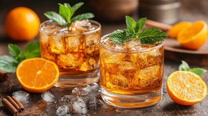Two iced tea drinks with orange slices and mint.