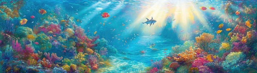 Obraz premium Vibrant coral reef, underwater scene, sun rays, ocean life