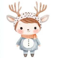 Naklejka premium A cute child wearing a reindeer hat and scarf, featuring a playful expression and cozy outfit, perfect for holiday-themed designs. watercolor style, clipart, isolated on white background