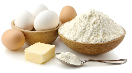 Close-up of baking ingredients: flour in a wooden bowl, eggs in a bowl, butter, and a spoon of flour.  Perfect for recipes or food blogs.