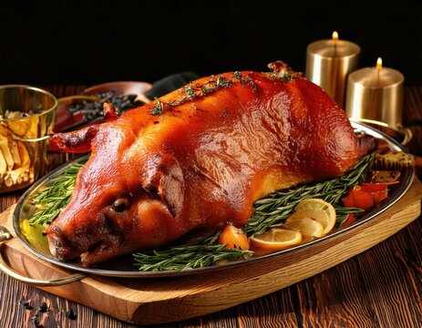 Roasted pig lechon on a serving plate for dinner