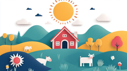 Obraz premium Farm, A cozy farmhouse featuring a red barn and animals grazing, captured in high fidelity for vibrant detail and scenic appeal.