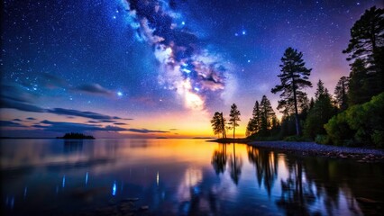 Nighttime Silhouette of Great Lakes: Starry Sky Reflection, Calm Waters, Natural Beauty, Scenic Landscape, Tranquil Atmosphere, Outdoor Reflection, Starry Night, Natural Wonders