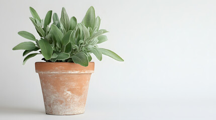 A potted sage plant with silvery-green leaves sits against a minimalist white background. The terracotta pot shows signs of age and weathering, adding to its rustic charm.