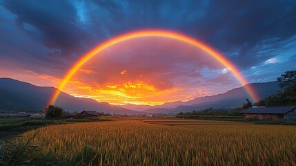 Vibrant sunset rainbow over golden rice paddy field and mountains.