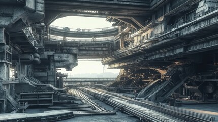 Obraz premium Futuristic Industrial Structure with Complex Machinery at Dawn in an Expansive Facility