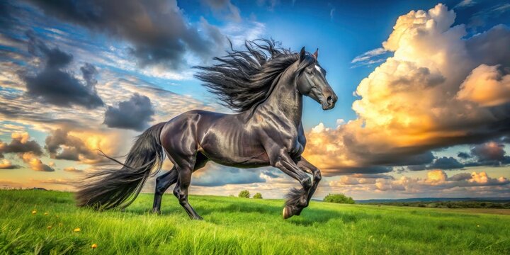 Panoramic Black Friesian Horse Meadow Play - Stunning Equestrian Photography