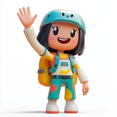 Cute Kawaii Funny Asian Brunette Girl Waving in Hat and Blue T-Shirt with Green Camping Backpack on Adventure Trip