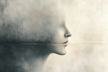Abstract surreal sculpture of a stone face in the wall with dramatic light texture and minimalist design
