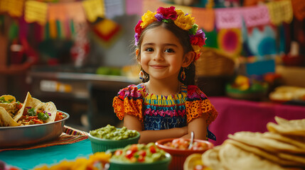Image features joyful girl in flower crown among colorful Mexican cuisine, ideal for food or travelrelated designs.