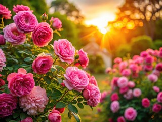 Fototapeta premium Pierre de Ronsard Roses Sunset Garden Photography - Pink Rose Bush Bloom Summer