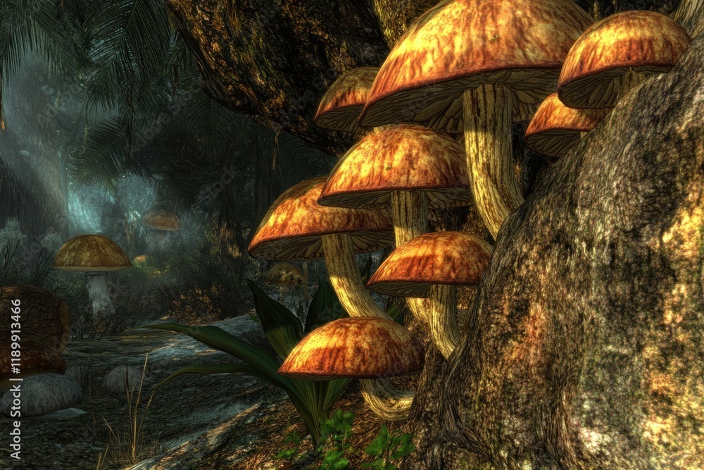 Poster mushrooms on tree trunk in a mystical enchanted forest with lush vegetation and mist