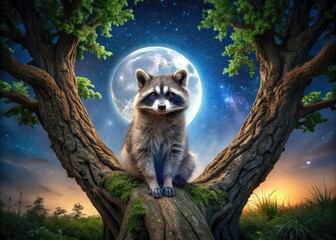 Fototapeta premium Raccoon in Tree, Night Wildlife Photography, Dark Forest, Cute Animal Portrait, Nature Scene