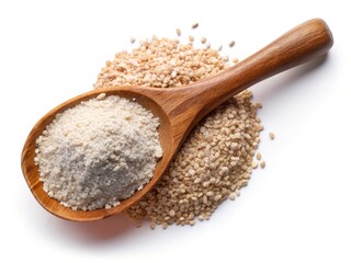 Raw Rye Flour in Wooden Spoon, Top View, Isolated White Background - High-Resolution Food Photography