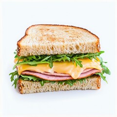 Sandwich with ham, cheese, arugula, and toasted bread, white isolate background.