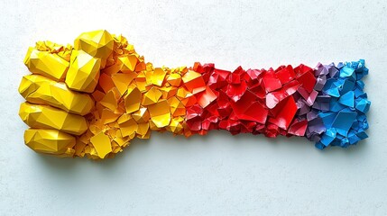 Colorful polygonal fist and shards forming a banner.