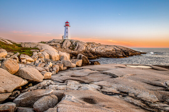 Sunset colours at Peggy’s Cove lighthouse in Nova Scotia, Canada