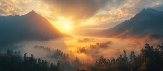 Breathtaking sunset landscape in a misty mountain forest with dramatic moody skies  Serene and peaceful natural scenery with majestic peaks lush pine trees and ethereal fog creating a atmosphere