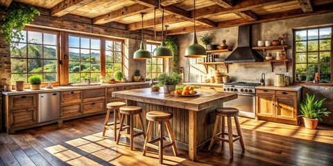 Fototapeta premium Rustic Farmhouse Kitchen Design: Live Edge Island, Weathered Stools, Sunlit Interior