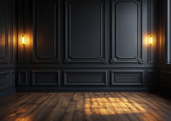 Minimalist interior with black wall elegant paneling wooden floor natural light contemporary architecture