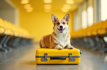 Corgi dog lying on yellow suitcase. Background airport lounge with yellow seats