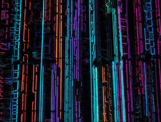 Obraz premium A vibrant glowing neon light pattern set against a deep, dark black background, creating a striking contrast and an electric, futuristic atmosphere