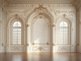 Fototapeta premium Elegant Baroque Interior with Cream and Gold Molding Columns Archway and Natural Light