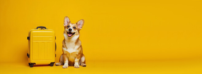 A corgi dog sits next to a yellow suitcase. Monochrome yellow background. Copy space