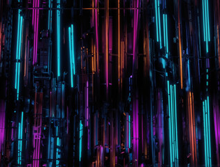 A vibrant glowing neon light pattern set against a deep, dark black background, creating a striking contrast and an electric, futuristic atmosphere
