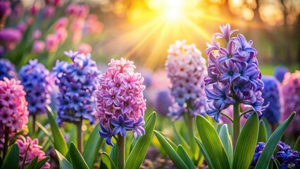 Fototapeta premium Serene Hyacinth Blossoms in a Tranquil Morning Garden Light, Gentle Swaying Petals, Nature's Beauty, Floral Harmony, Peaceful Scene, Spring Awakening, Lush Greenery, Vibrant Colors
