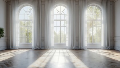 Fototapeta premium Minimalist Scandinavian Interior Bright Natural Light Arched Windows White Walls Wooden Floor Soft Curtains