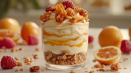Creamy dessert parfait with granola, raspberries, and honey.